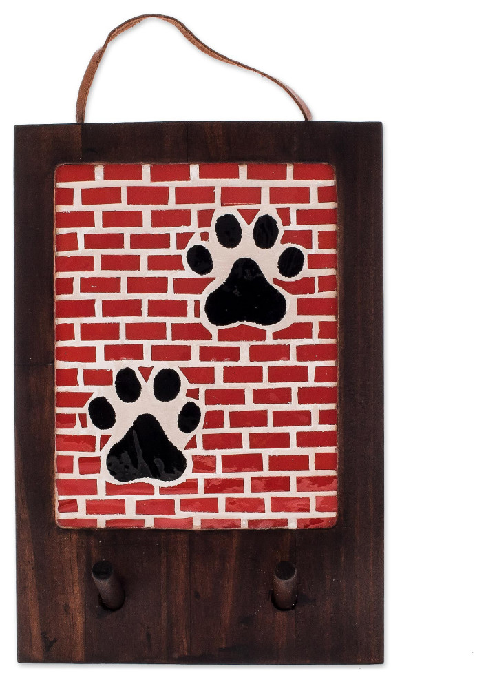 Novica Handmade Paw Prints Teak Mosaic Key Holder Contemporary Wall
