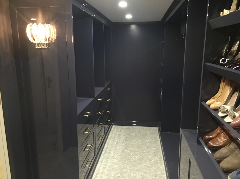 Inspiration for a large contemporary gender-neutral walk-in wardrobe in Sunshine Coast with open cabinets, blue cabinets and ceramic floors.