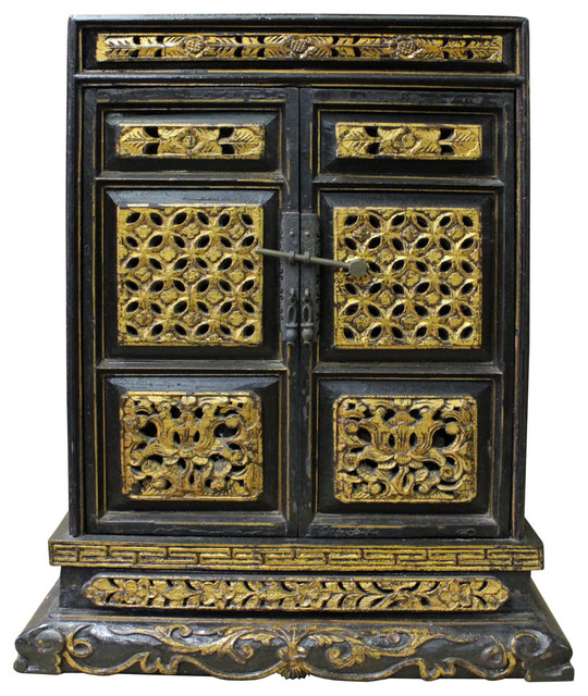 Consigned Vintage Chinese Golden Carving Small Wood Buddha House Box