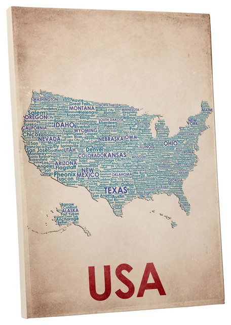USA Cities Map Gallery Wrapped Canvas Wall Art, 45"x30"