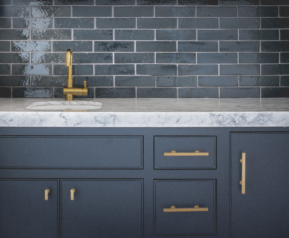 Design ideas for a small contemporary single-wall wet bar in Dallas with an undermount sink, grey cabinets, marble benchtops, blue splashback, subway tile splashback, medium hardwood floors and beaded inset cabinets.