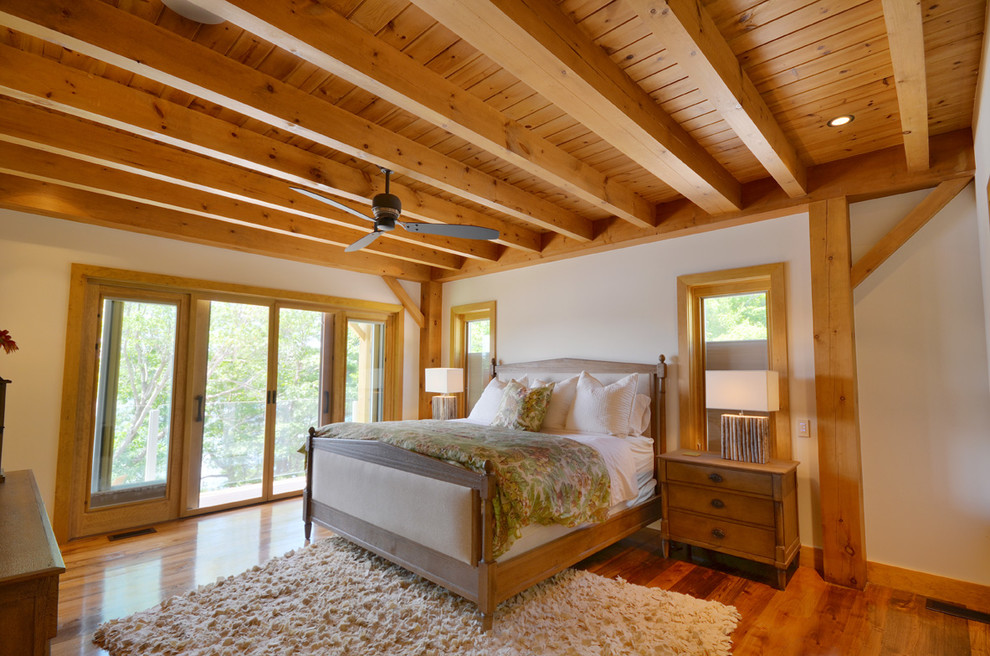 Photo of a country bedroom in Toronto with white walls and medium hardwood floors.