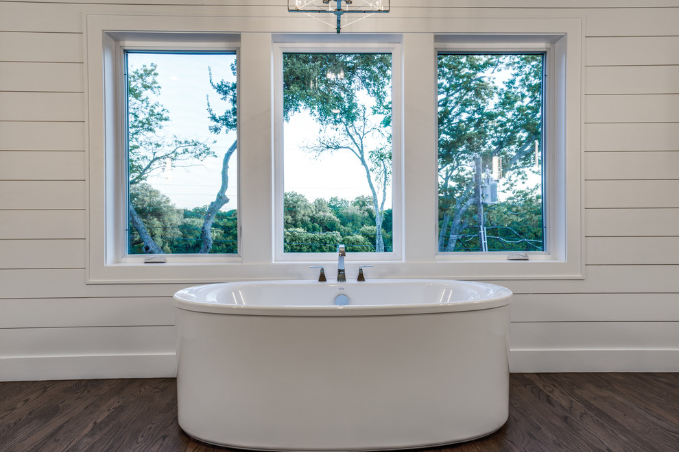 Inspiration for a large country master bathroom in Dallas with shaker cabinets, grey cabinets, a drop-in tub, grey walls, an undermount sink, marble benchtops, an alcove shower and dark hardwood floors.