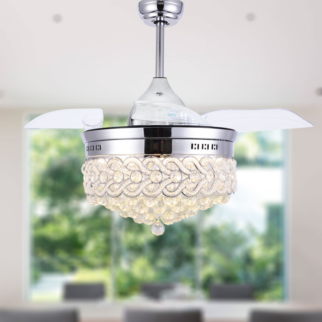Dimmable Modern LED Chandeliers Crystal Retractable Ceiling Fans Light w/Remote 
