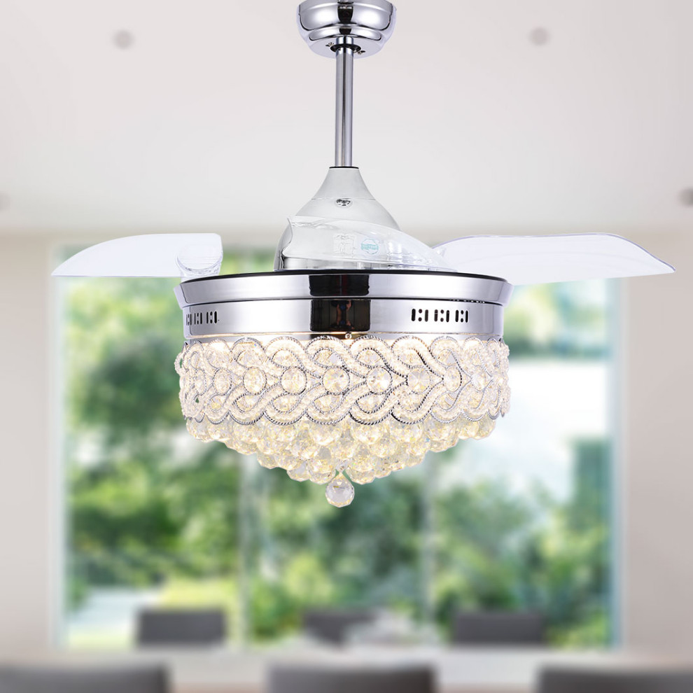 42 Modern Crystal Ceiling Fan With Lights Retractable Chandelier Fan Chrome