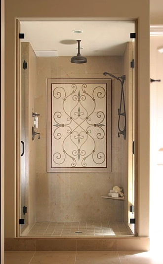 Inspiration for a large transitional master beige tile limestone floor alcove shower remodel in Seattle with beige cabinets, beige walls, a drop-in sink and limestone countertops