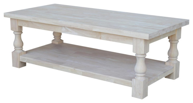 Classic Coffee Table, Rubberwood Construction With Column Support, Unfinished