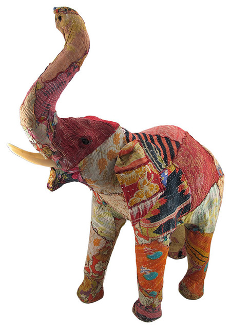 Vintage Sari Fabric Covered Paper Mache Elephant Sculpture 28 in. Tall