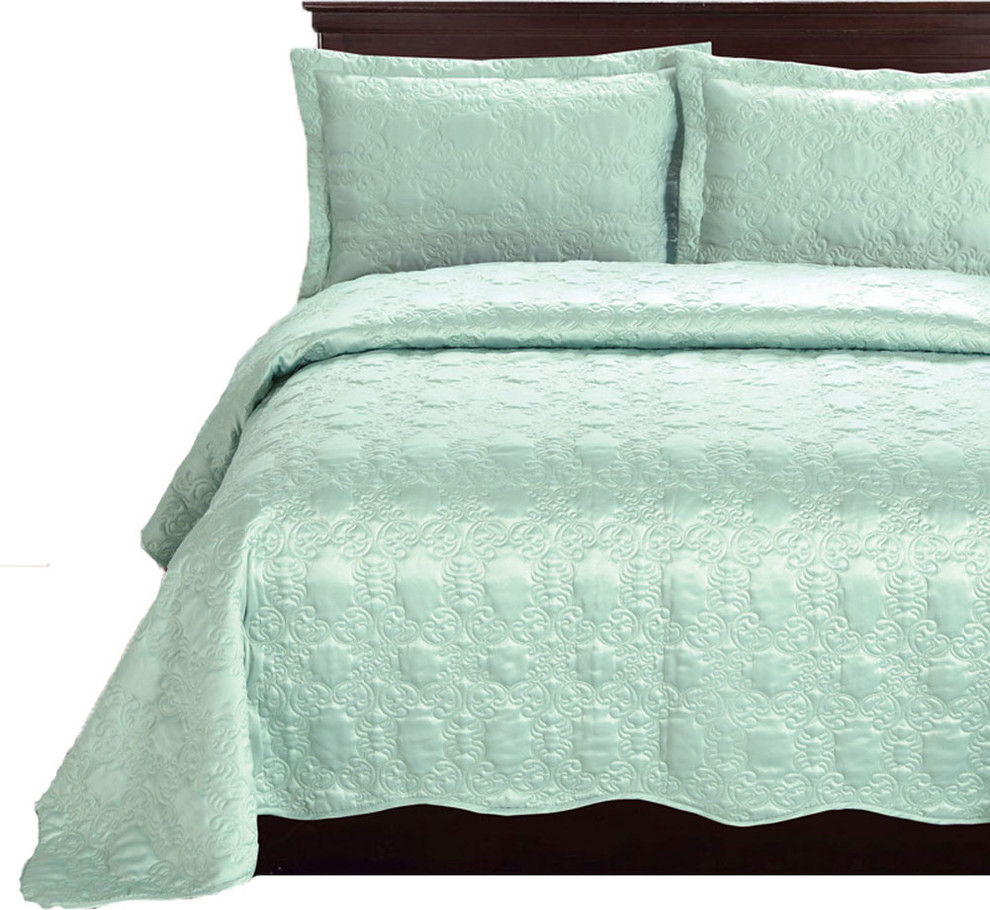 Green Blue Lightweight Cozy 3-Piece Quilt Bedspread Set 250*250 ...