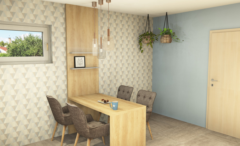 Offene, Große Moderne grifflose Küche ohne Insel in L-Form mit integriertem Waschbecken, flächenbündigen Schrankfronten, braunen Schränken, Mineralwerkstoff-Arbeitsplatte, Küchenrückwand in Braun, Rückwand aus Holz, schwarzen Elektrogeräten, beigem Boden und grauer Arbeitsplatte in Sonstige