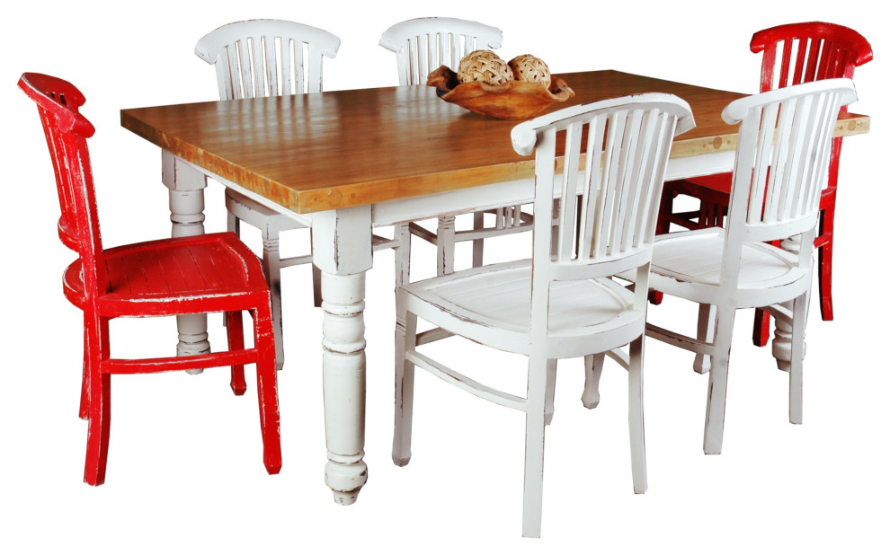 Cottage 7 Piece Whitewashed Dining Table Set Distressed Red And White Chairs Farmhouse