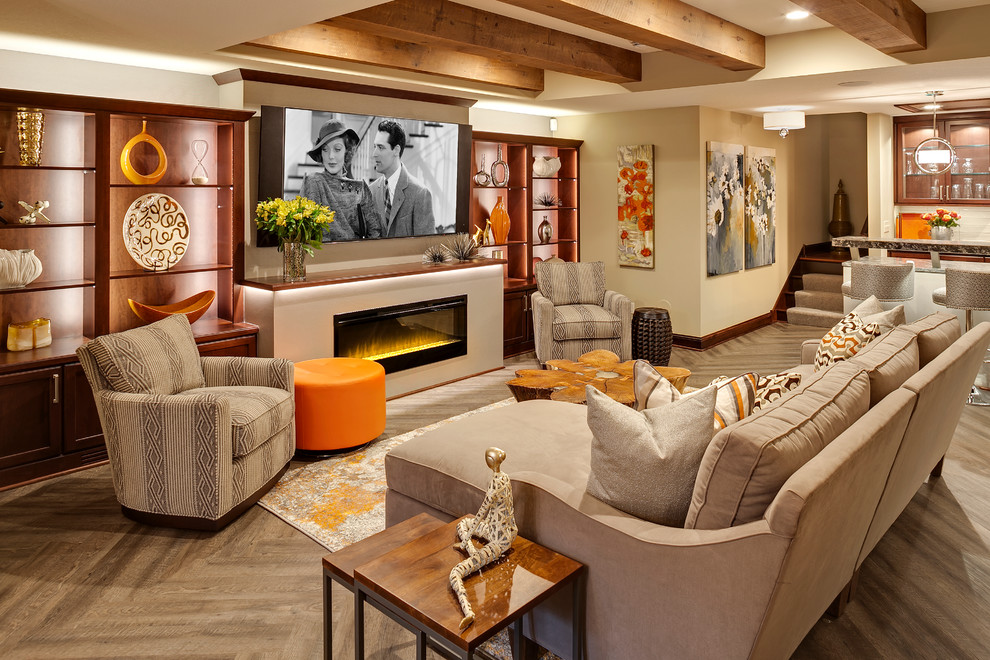 Design ideas for a mid-sized transitional open concept family room in Minneapolis with white walls, medium hardwood floors, a ribbon fireplace, a plaster fireplace surround, a wall-mounted tv and brown floor.