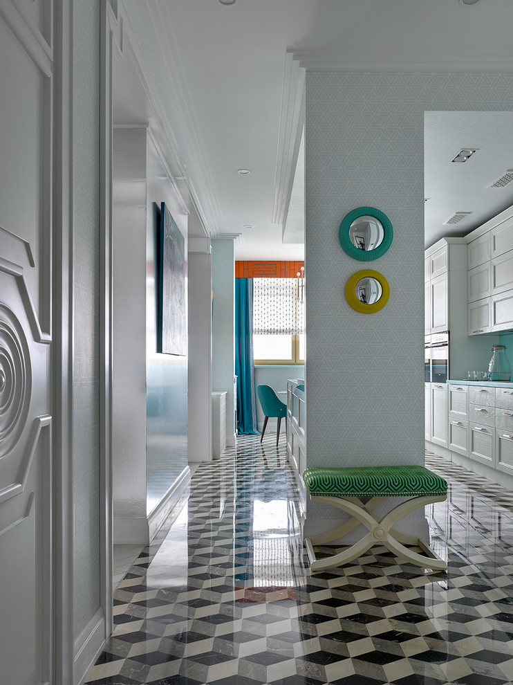 Design ideas for a contemporary hallway in Moscow with white walls and multi-coloured floor.