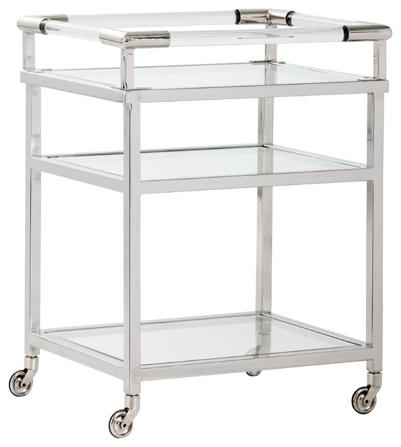 Noonan Modern Classic Clear Acrylic Glass 3 Tier Silver Bar Cart