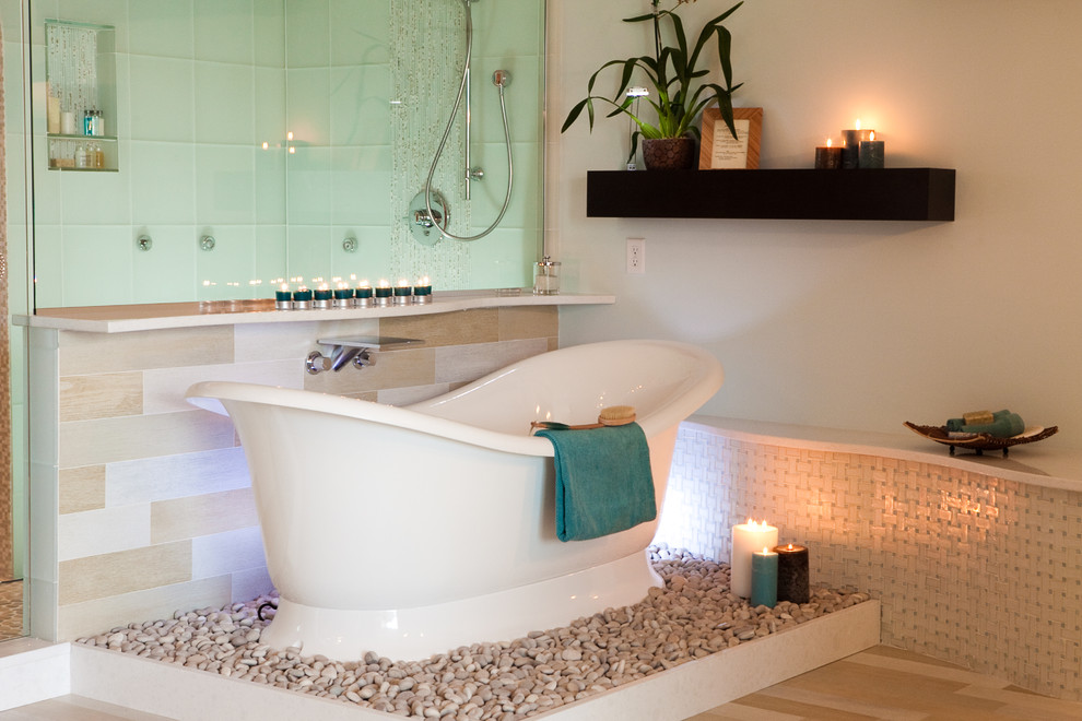 Inspiration for a transitional bathroom in Wilmington with a freestanding tub.