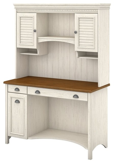 Bush Stanford Computer Desk With Hutch And Drawers In Antique White