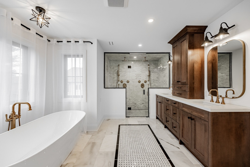 Small midcentury bathroom in DC Metro with brown cabinets, a shower/bathtub combo, white tile, wood-look tile, with a sauna, beige floor, a hinged shower door, white benchtops, a single vanity and a built-in vanity.