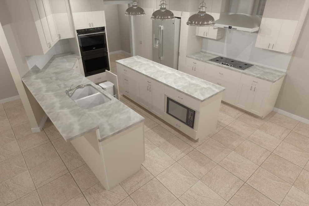 Kitchen pantry - transitional u-shaped porcelain tile and beige floor kitchen pantry idea with shaker cabinets, white cabinets, quartzite countertops, white backsplash, porcelain backsplash, stainless steel appliances, an island and beige countertops