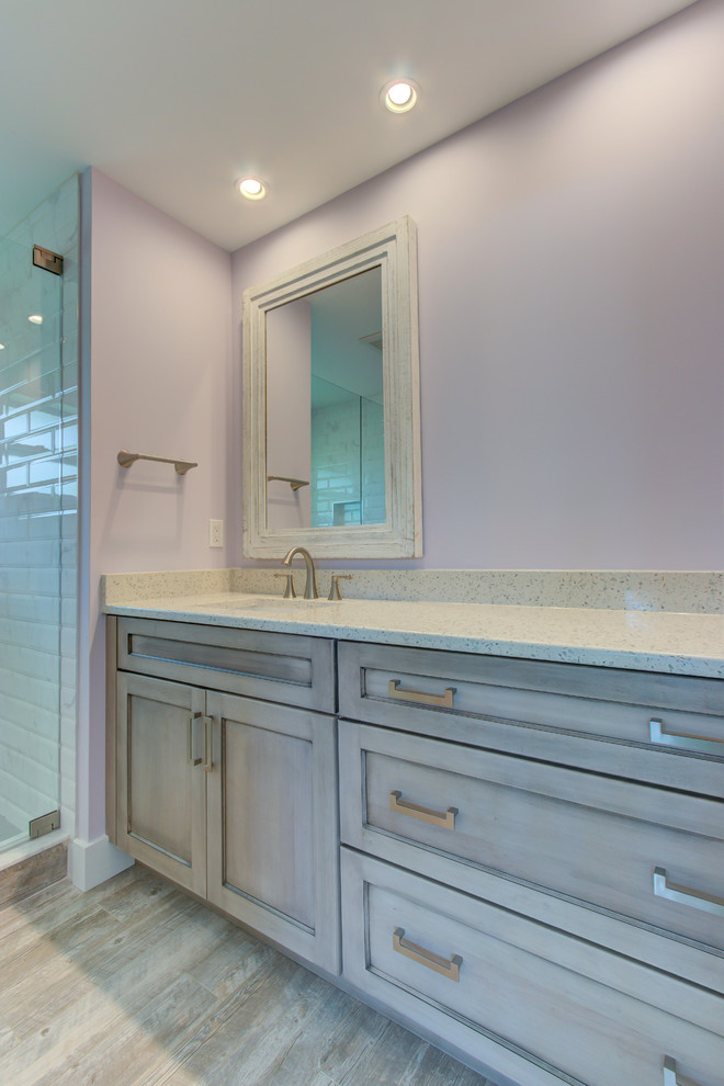 Home design - small transitional kids' home design idea with furniture-like cabinets, gray cabinets, recycled glass countertops and white countertops