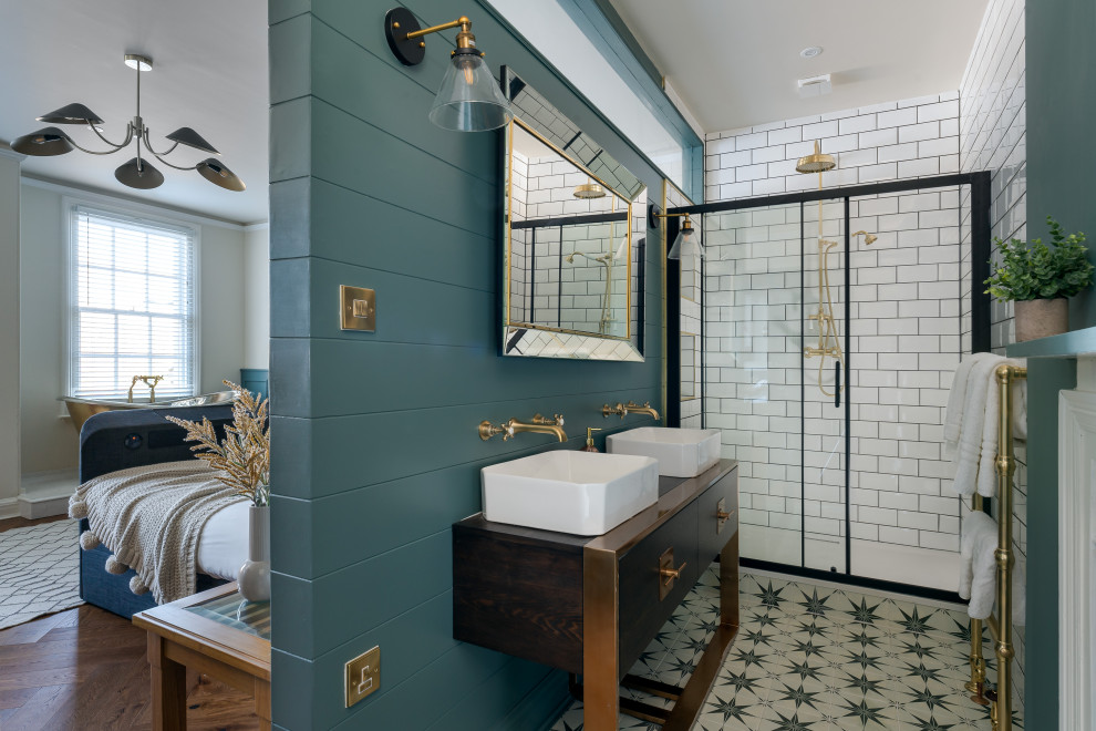 Eclectic grey and teal bathroom in Devon.