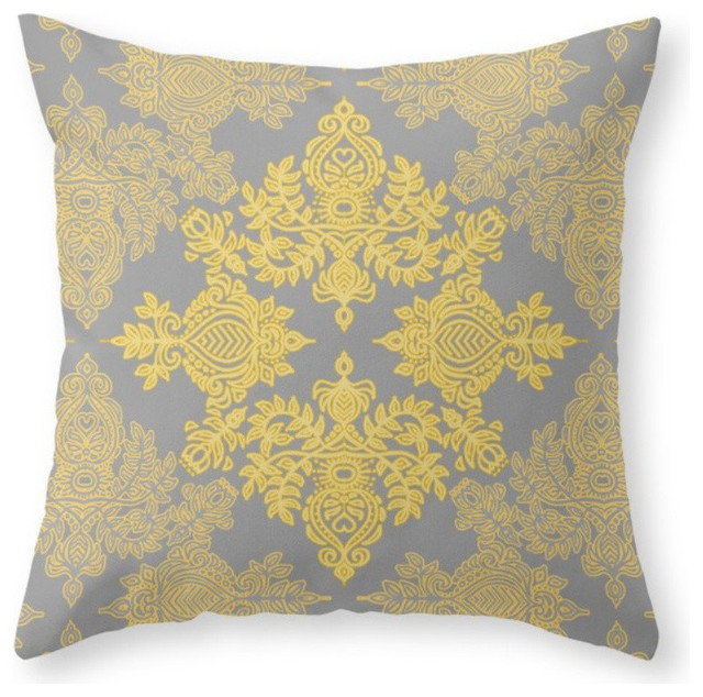 Golden Folk Doodle Yellow And Gray Pillow Cover Contemporary