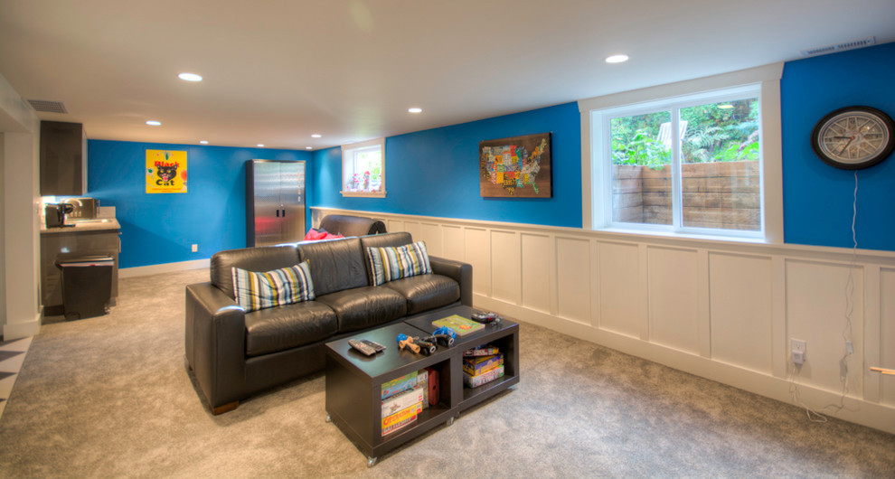 Design ideas for a large arts and crafts look-out basement in Seattle with white walls and carpet.