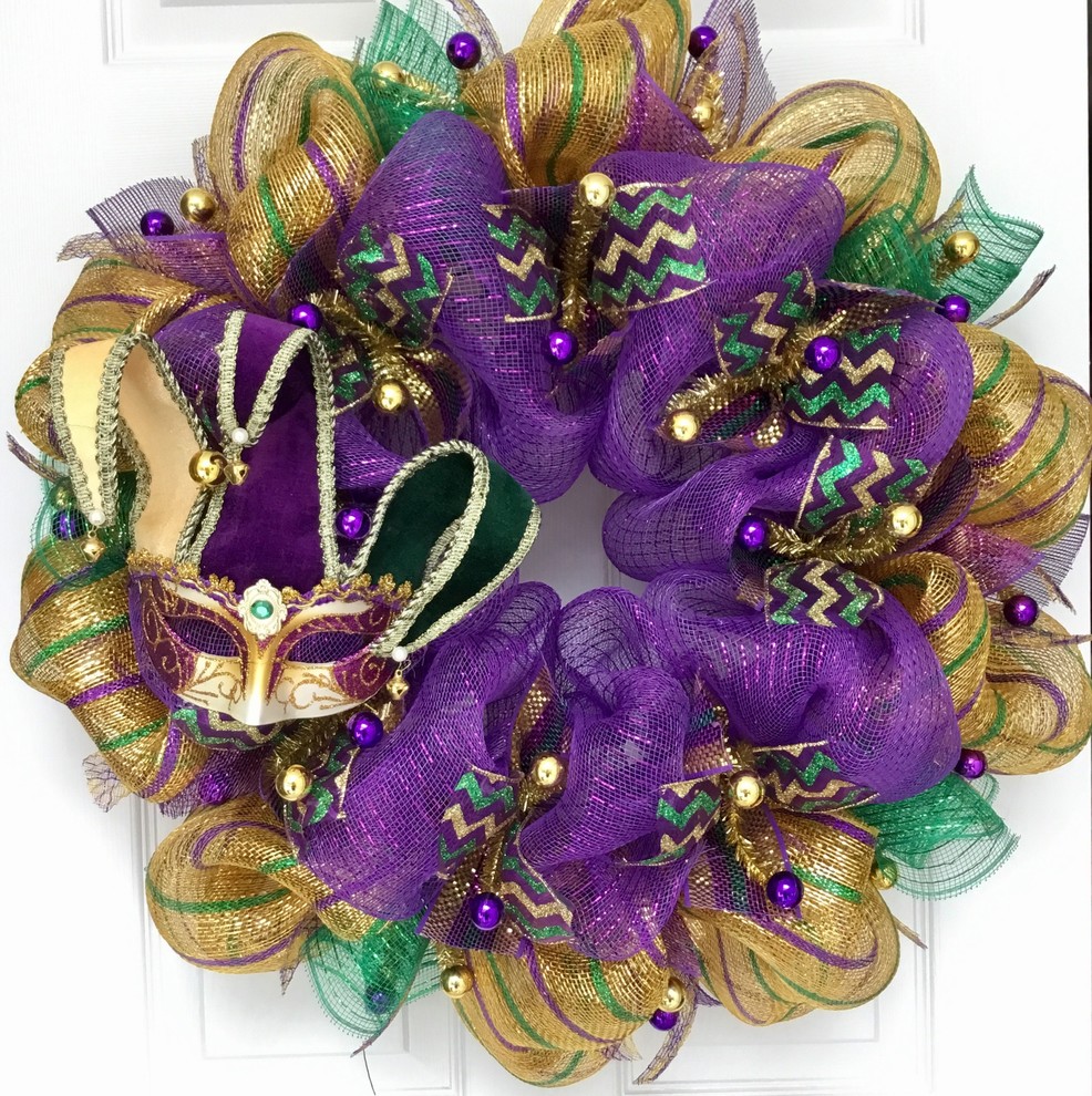Mardi Gras Wreath Venetian Jesters Mask Handmade Deco Mesh