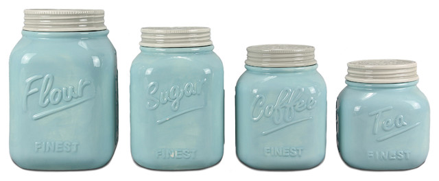 Ceramic Mason Jar Canisters, Set of 4, Blue