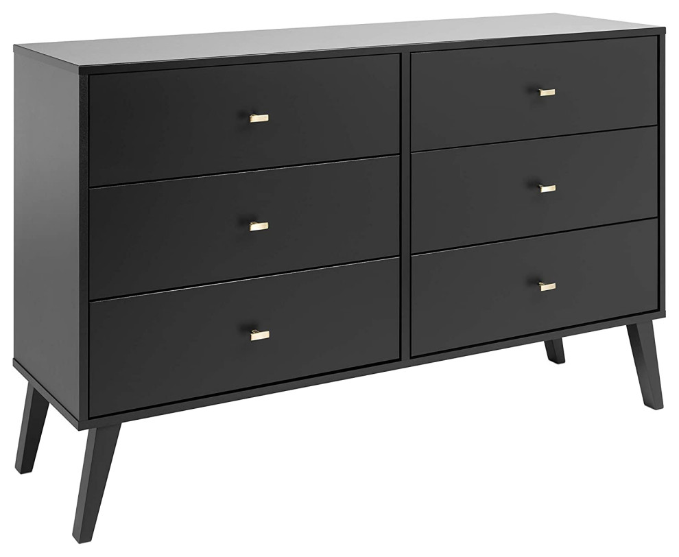 Mid Century Modern Dresser, 6 Drawers With Elegant Brushed Brass Knobs, Black Midcentury