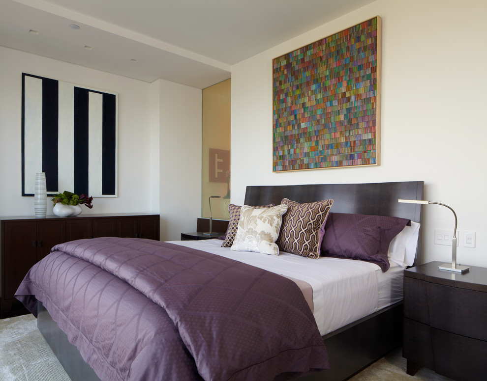 Photo of a mid-sized contemporary master bedroom in New York with white walls, carpet and no fireplace.