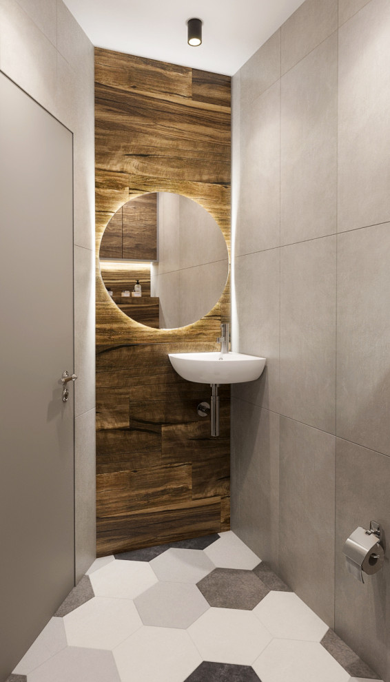 туалет с круглым зеркалом