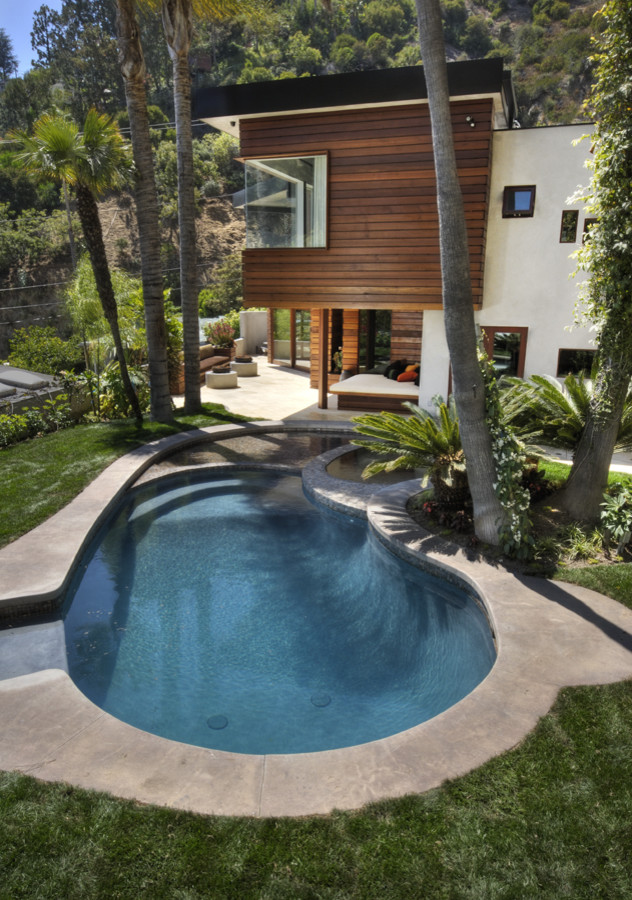 Photo of a large contemporary backyard kidney-shaped lap pool in Los Angeles with a hot tub and concrete slab.