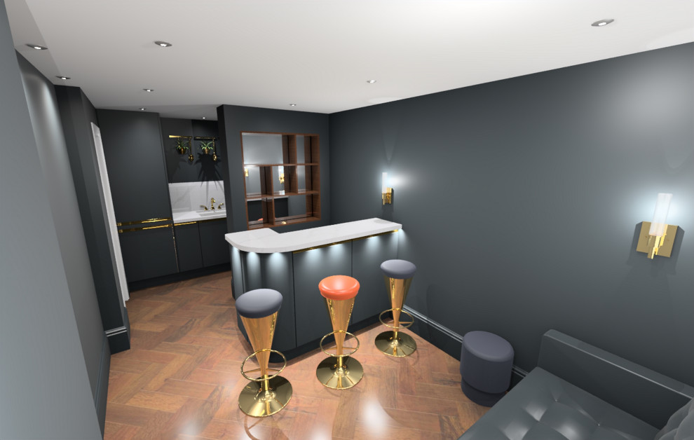Idee per un angolo bar senza lavandino stile americano di medie dimensioni con lavello integrato, ante a filo, ante blu, parquet scuro e pavimento marrone