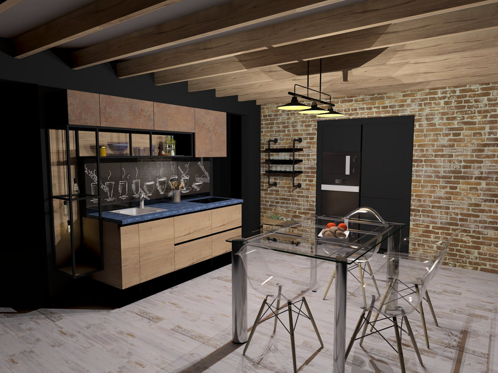 Mid-sized industrial single-wall eat-in kitchen in Other with a drop-in sink, flat-panel cabinets, light wood cabinets, solid surface benchtops, black splashback, glass sheet splashback, black appliances, laminate floors, no island, grey floor, blue benchtop and exposed beam.