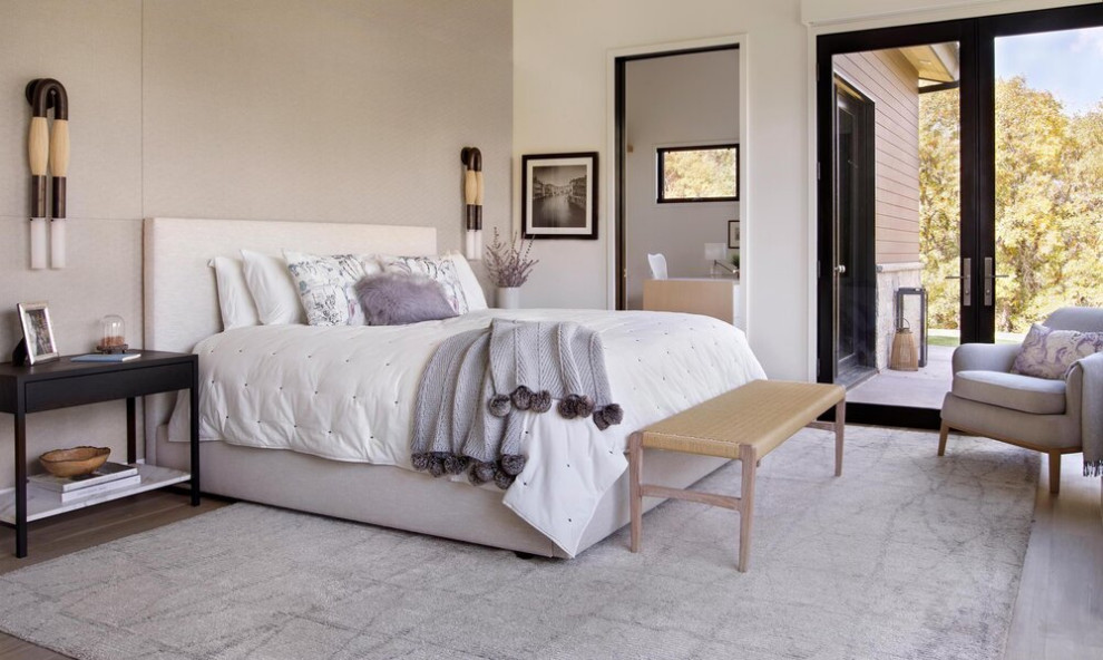 Design ideas for a medium sized contemporary master bedroom in Denver with white walls, carpet and no fireplace.