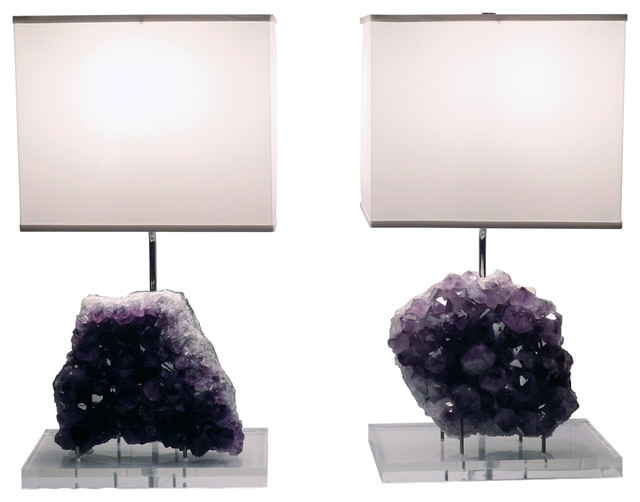Gorgeous Pair of Brazilian Amethyst Lamps With Rectangular Silk Shades