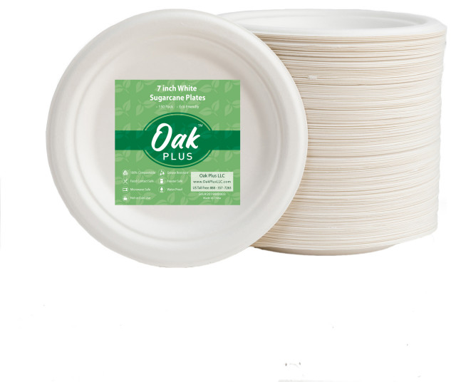Oak PLUS Sugarcane Plates, 600 Pack, White, 7"
