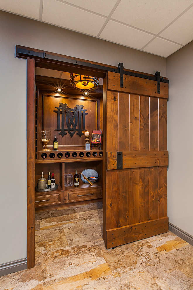 Inspiration for a small traditional wine cellar in Detroit with vinyl floors and display racks.