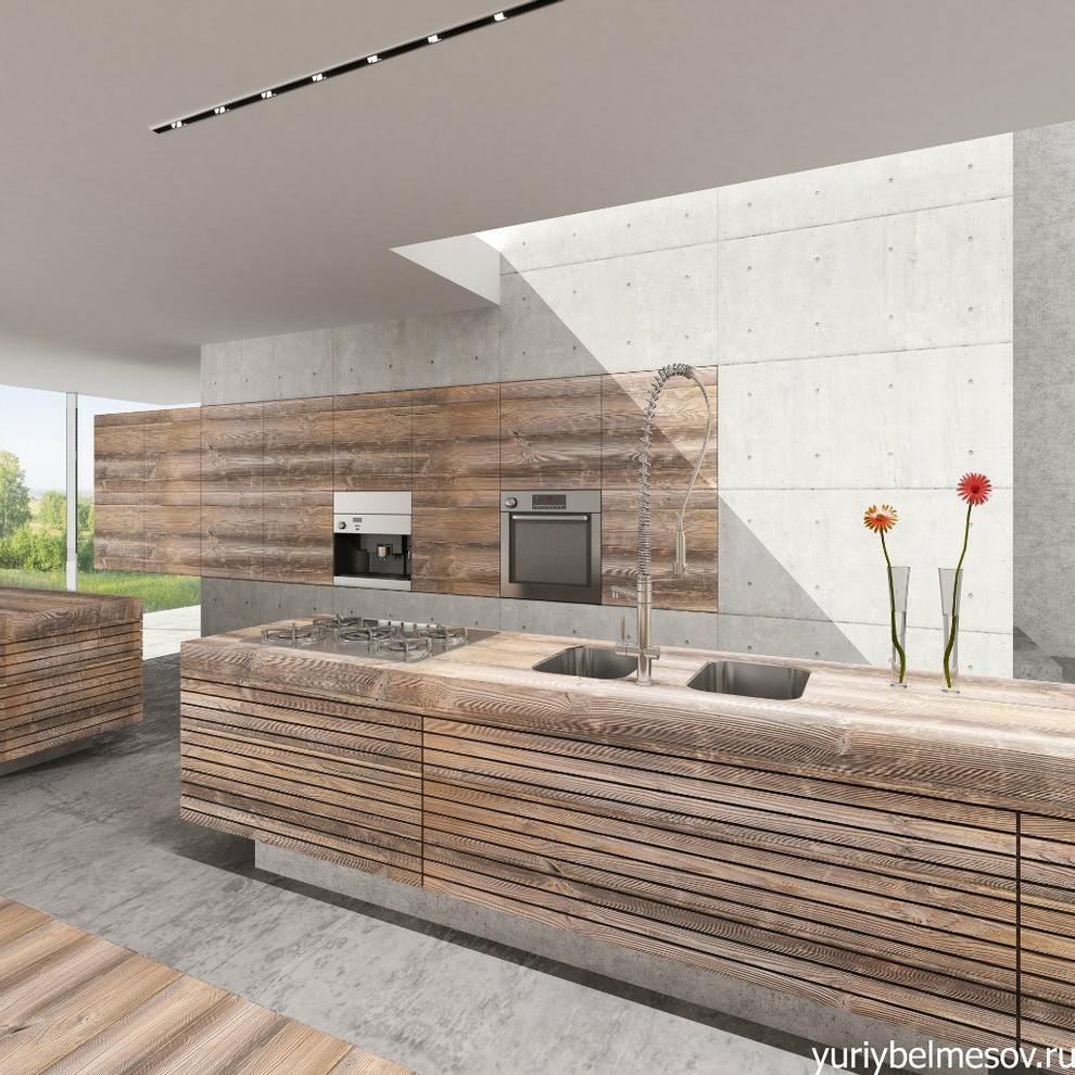 Кухня старого дерева в новом бетоне.
