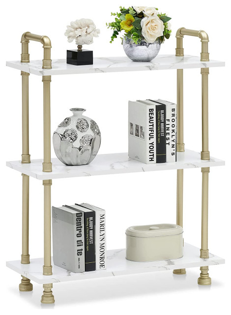White Marble Effect Wood Table 2 Tier Stand Storage Shelf with Black Metal Frame 