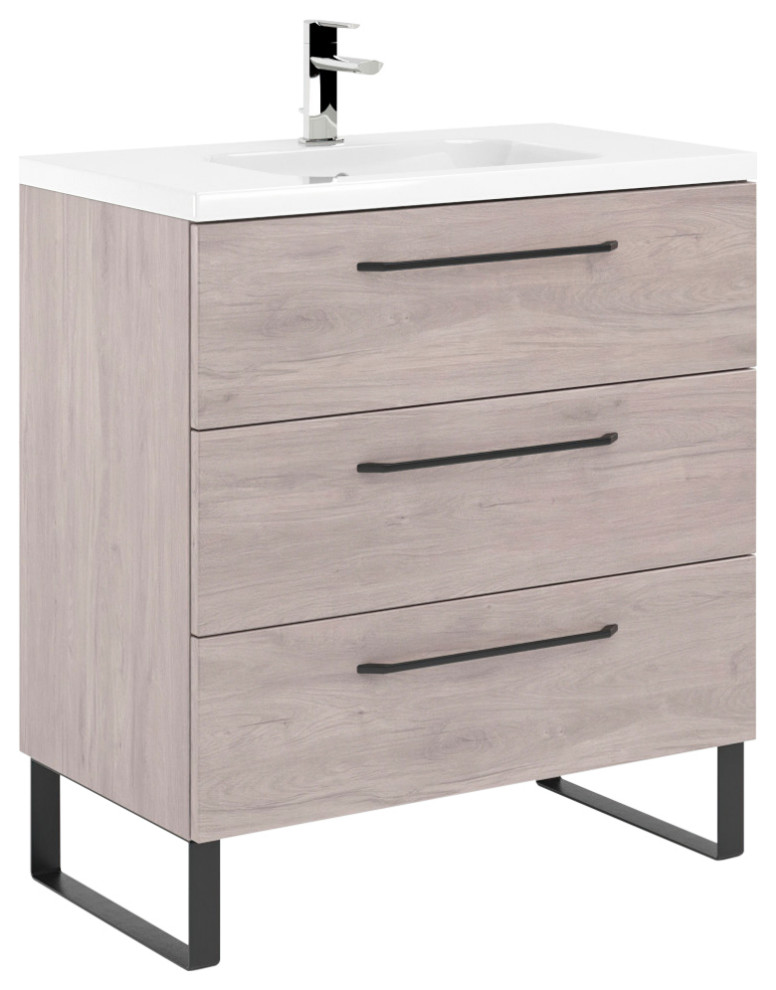 Denver 32" Bathroom Vanity With Ceramic Sink, Weathered Oak, Black