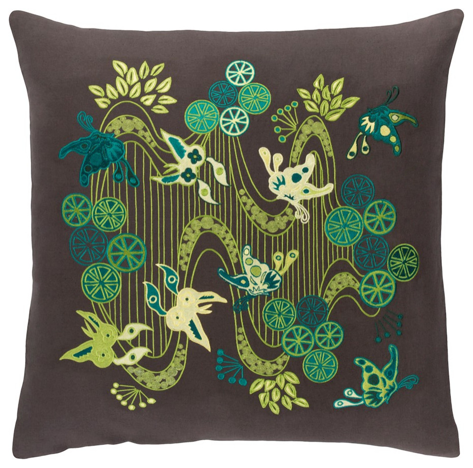 Chinese River by E. Gardner Pillow Cover, Black/Lime/Teal, 22'x22'