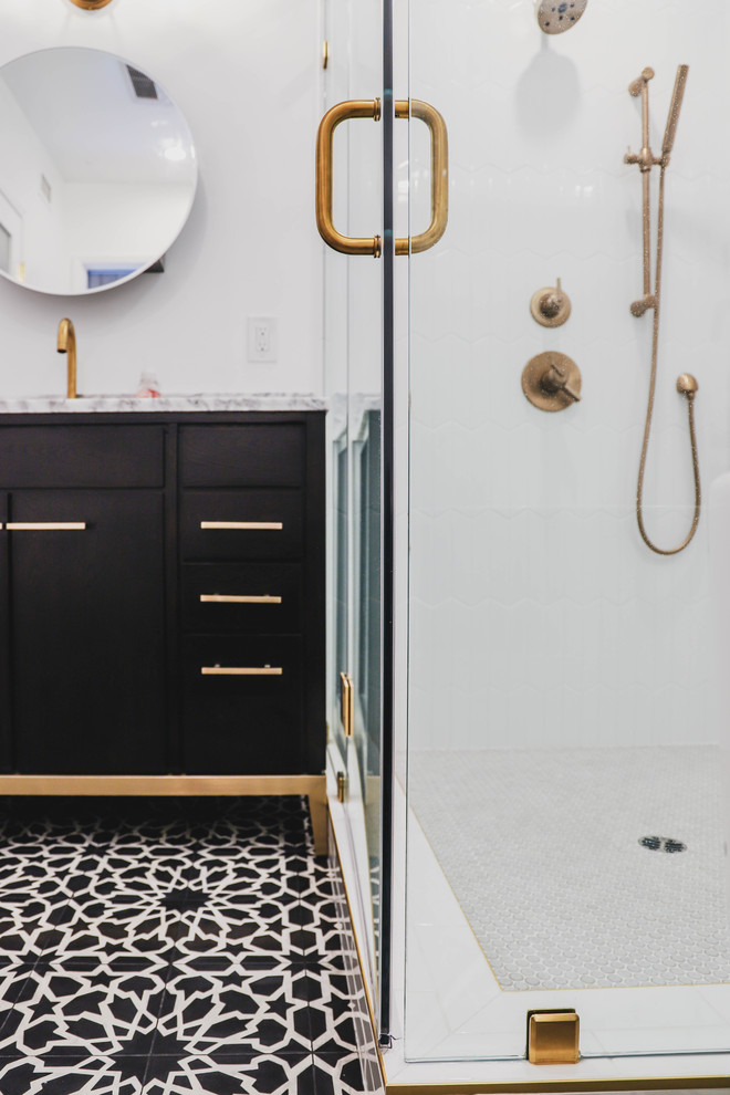 Photo of a mid-sized contemporary master bathroom in Los Angeles with flat-panel cabinets, a japanese tub, a corner shower, a two-piece toilet, white tile, white walls, a drop-in sink, quartzite benchtops, black floor, a hinged shower door, grey benchtops, ceramic tile, ceramic floors, dark wood cabinets, a niche, a single vanity and a freestanding vanity.