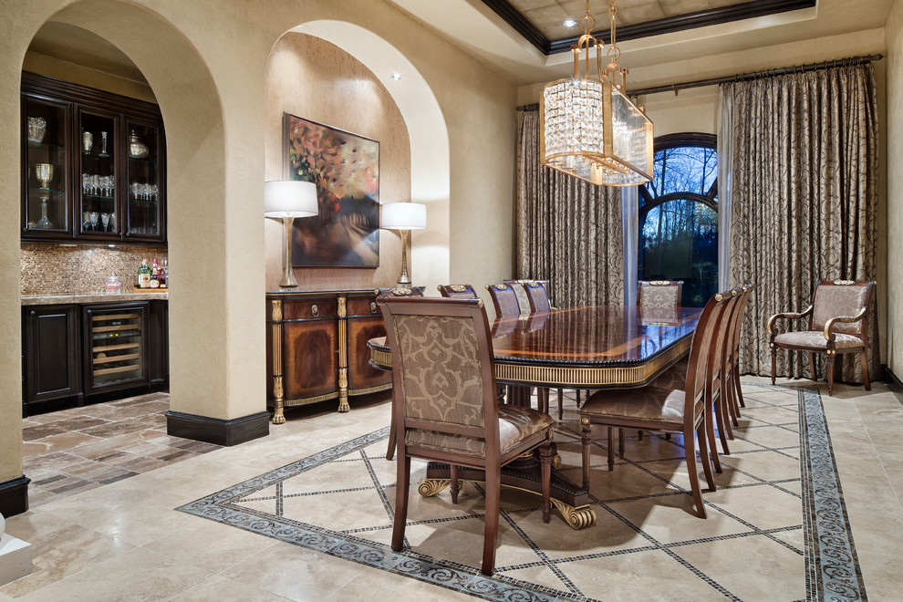 Mediterranean separate dining room in Houston with beige walls and no fireplace.
