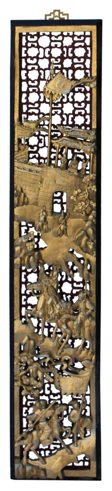 Golden Lacquer Wood Carving "Story Of Ancient Warriors V" Wall Panel Hcs5309
