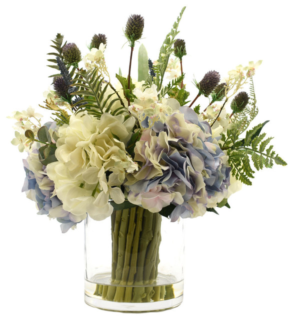 Hydrangeas And Thistle In Glass Vase Transitional Artificial Flower Arrangements By Creative Displays Inc
