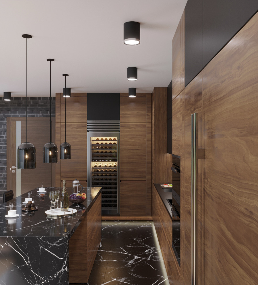 Photo of a mid-sized contemporary u-shaped eat-in kitchen in Other with dark wood cabinets, marble benchtops, marble floors, with island and black floor.