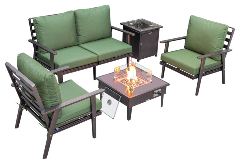 LeisureMod Walbrooke Patio Conversation Set With Fire Pit Table, Green