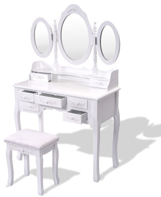 Vanity Makeup Dressing Table With Tri Folding Mirror Traditional