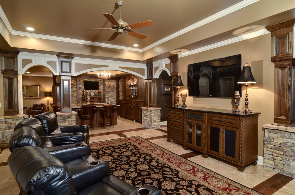 Inspiration for a large traditional walk-out basement in Atlanta with beige walls, travertine floors and no fireplace.